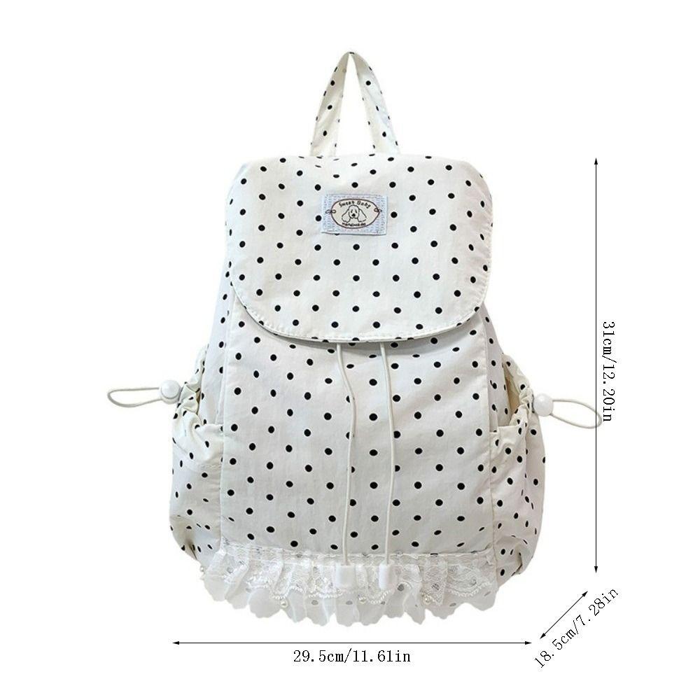 Korean Style Polka Dot Backpack Large Capacity Lace Trimmed Drawstring Backpack Drawstring Closure Flip Design School Daypack