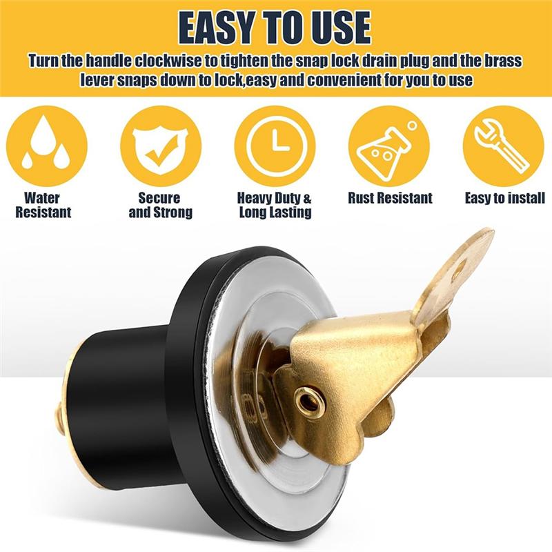 A51K-Rubber Snap Lock Drain Plug Brass For Baitwell Livewell Yacht Kayak Marine For Baitwell Drain Plug