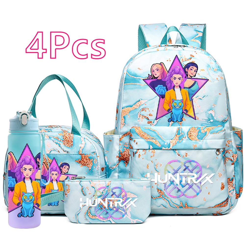 4Pcs/set Cartoon K-Pop Demon Hunters Printed Backpack Handbag Pencil Case with 750Ml Water Bottler for Teenager Boy Girl Large Capacity Schoolbag