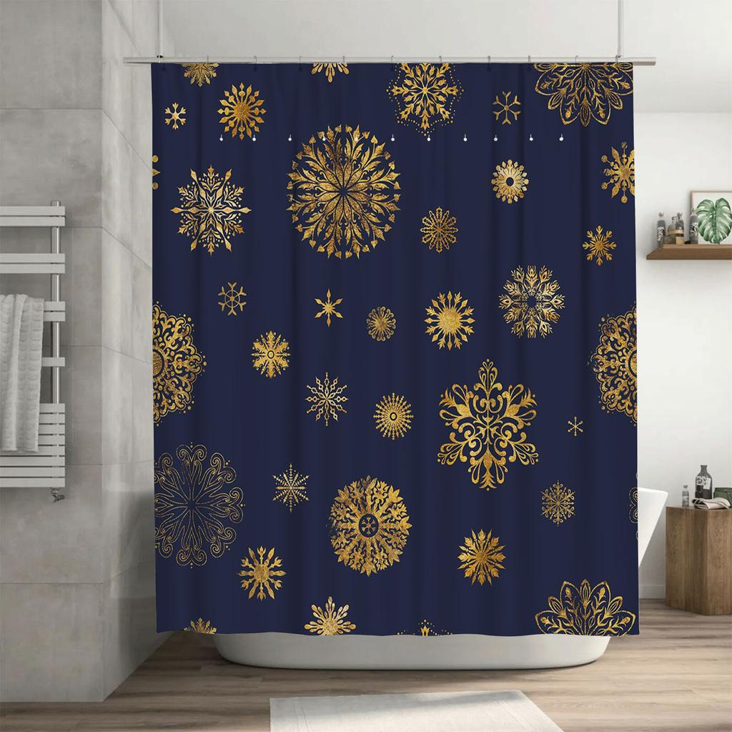 Luxurious Golden Snowflake Printed Blue Shower Curtain Home Decor Waterproof Privacy Shield 72X84in (183x213cm)