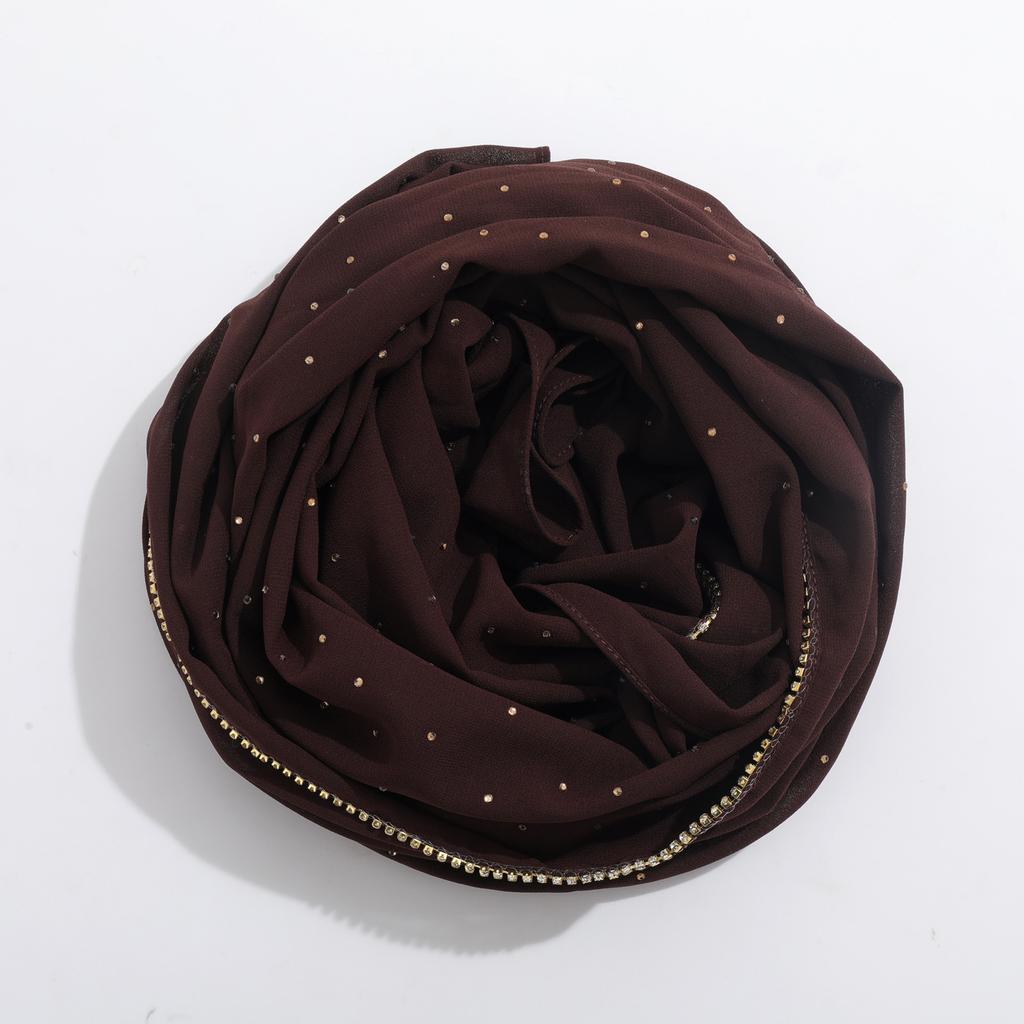 Fashion Hot Sale High-Quality Pearl Chiffon Rhinestone Chain Scarf Shawl Muslim Women Hijab Ethnic Headscarf