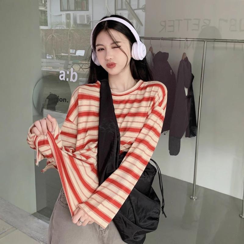 Crew Neck Striped Long Sleeve Shirt Women's Autumn New Design Loose Slimming Casual Student Slit Top