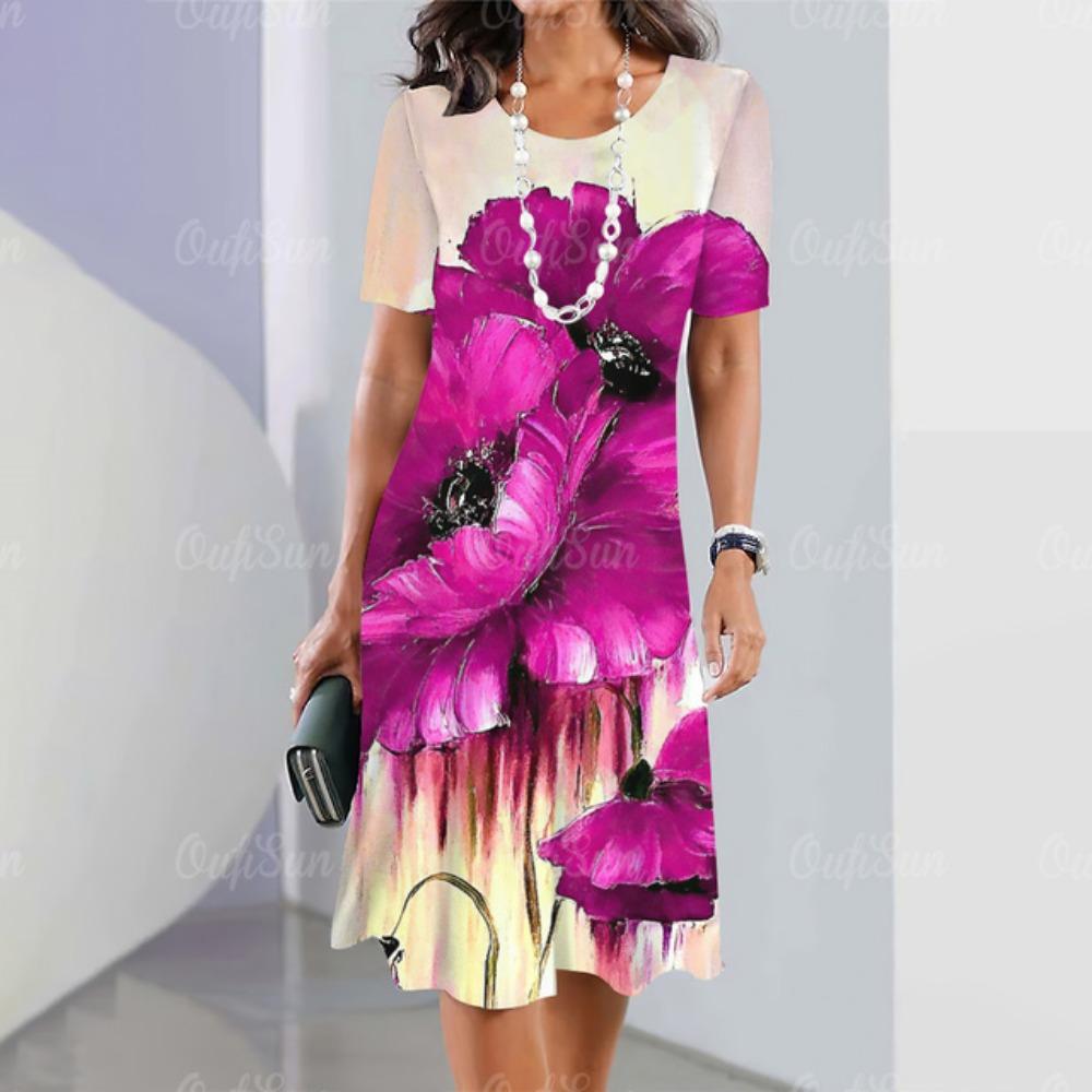 Neue Damenkleider mit Blumenmuster und 3D-Druck, Sommer, Luxus-Midikleider, kurzärmeliges Damenkleid, modische Übergröße