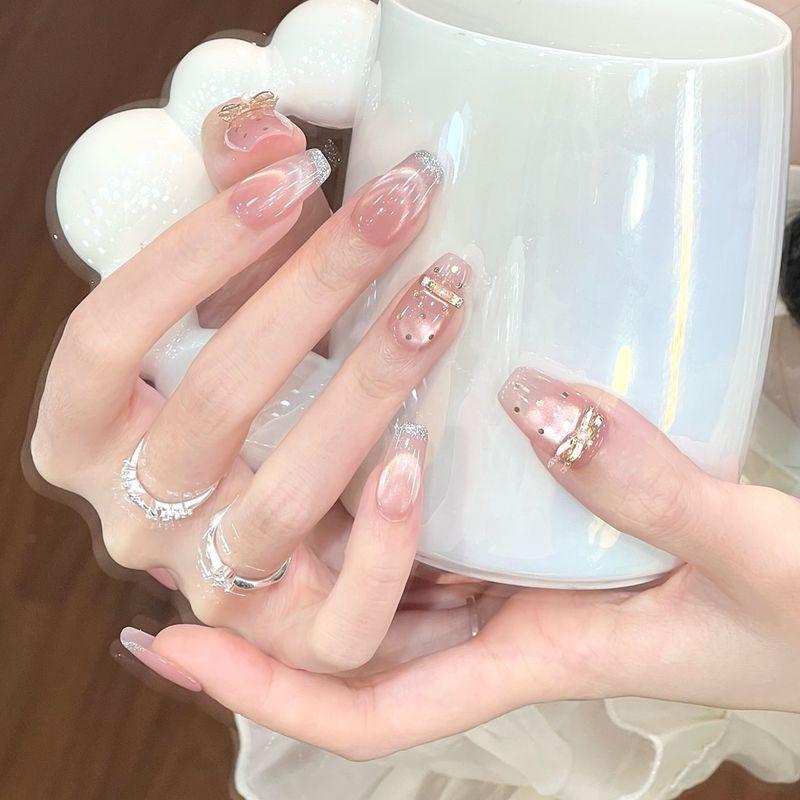 Ks Nail Art Wearable Nails Short Style 2026 New Model High-End Super Popular Cat Eye Handmade High-Quality Nude Color Stunning Nail Pieces