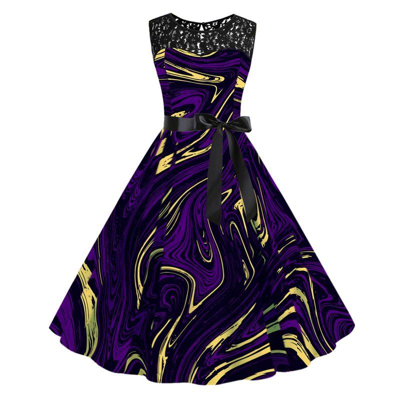 

Cross-Border Street Black round Neck Lace Patchwork Slim Fit Tied A- line Printed Sleeveless Swing Dress Female Dress 6259 XL