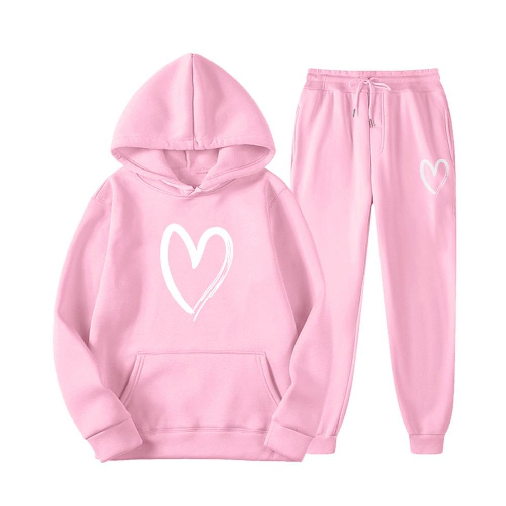 Felpa e Pantaloni da Ginnastica Autunnali Set 2 Pezzi Oversize Tinta Unita Stampa Cuore Felpe con Cappuccio+Pantaloni Jogger Fitness Set Donna Y2k Completi Pantalone