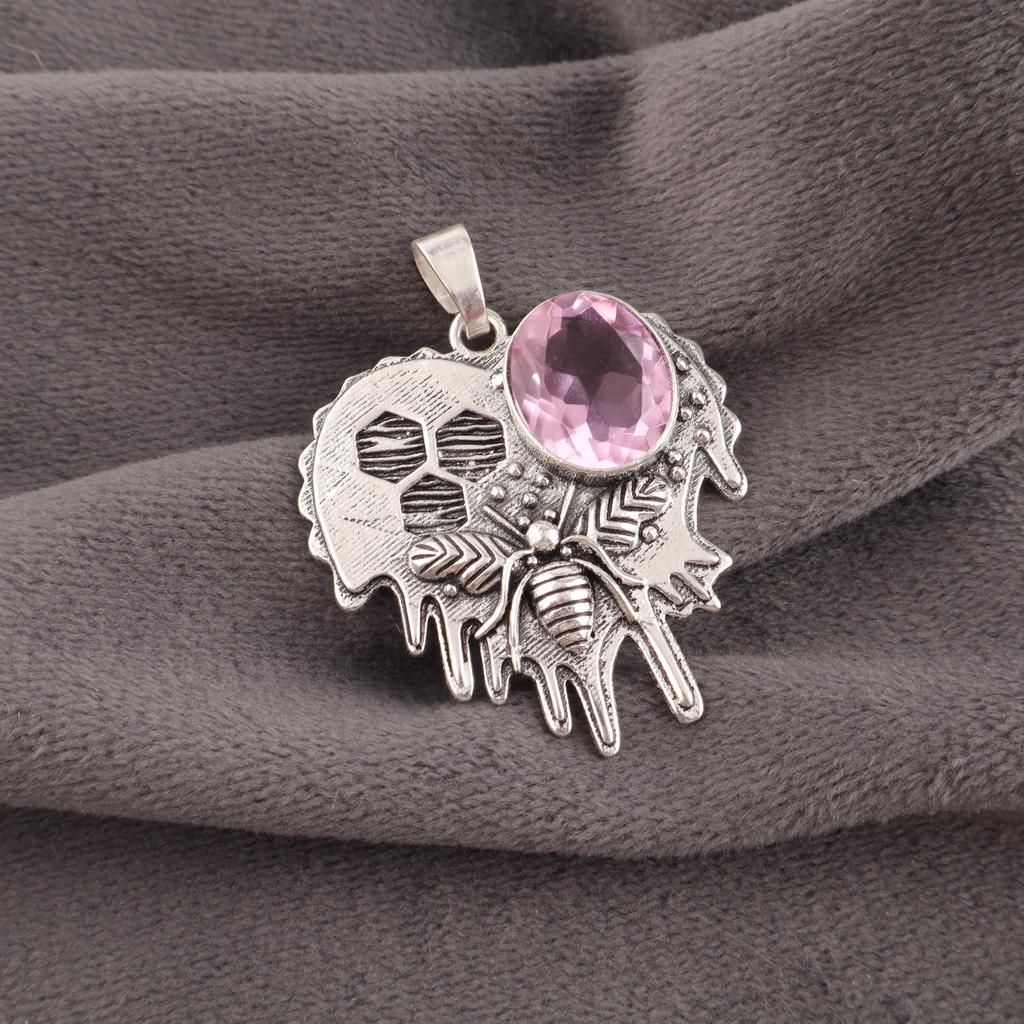 Morganite Pendant, Handmade Gemstone 925 Solid Sterling Silver Pendant Antique Jewelry, For Wedding Gift