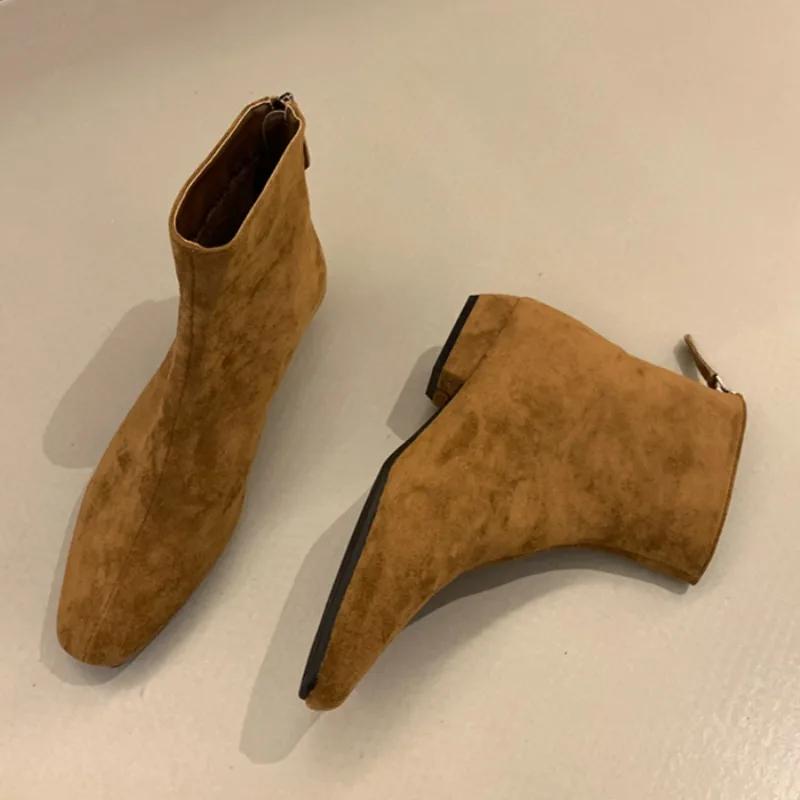 Ghete de damă până la gleznă din piele întoarsă, călduroase, cu vârf pătrat, din piele, de zăpadă, de marcă, cu pluș, din bumbac, la modă, Chelsea, cu toc mic, fashion, confortabile, botine de damă