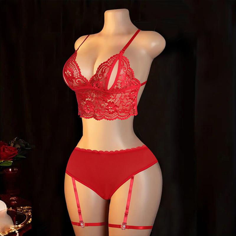 Sexy Women's Bra Panties Lace Set with Leg Rings Neck Rings Sex Underwear