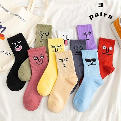3 Pairs Of Socks Ladies Socks Mid-calf Socks Korean Quirky Expression Socks Cartoon College Style Trend Socks