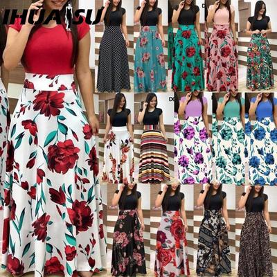 Rochie lungă de vară cu imprimeu floral și patchwork, mânecă scurtă, boemă, cu guler O, leagăn mare