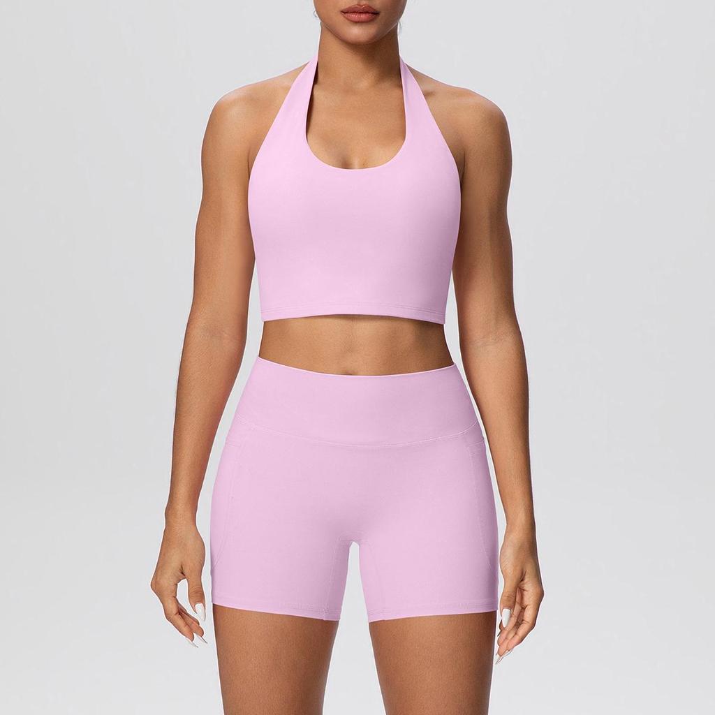 Cross-Border Halter Sports Vest & High-Waist Pocket Yoga Shorts Set