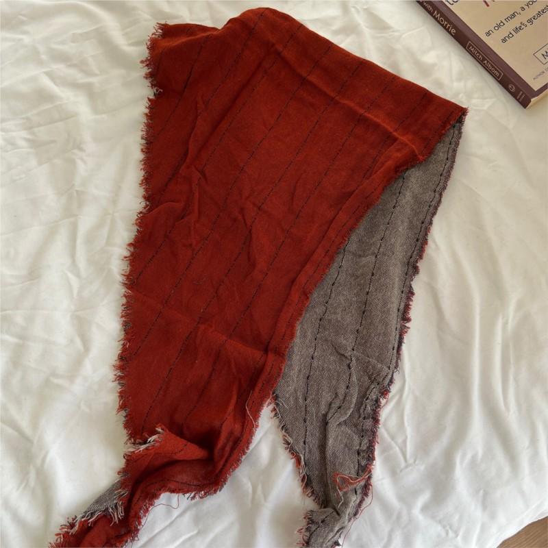 Johnature Vintage Raw Edge Striped Triangle Scarf Women Fall Winter Fashion Warm Two-tone Neck Guard Decoration Head Scarf
