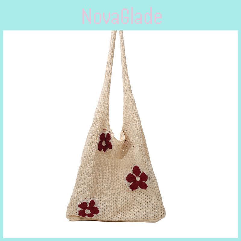 Flower Hollowed Knitting Bag Summer Trendy Large Tote With Open Top And Inner Phone Pocket For Women
