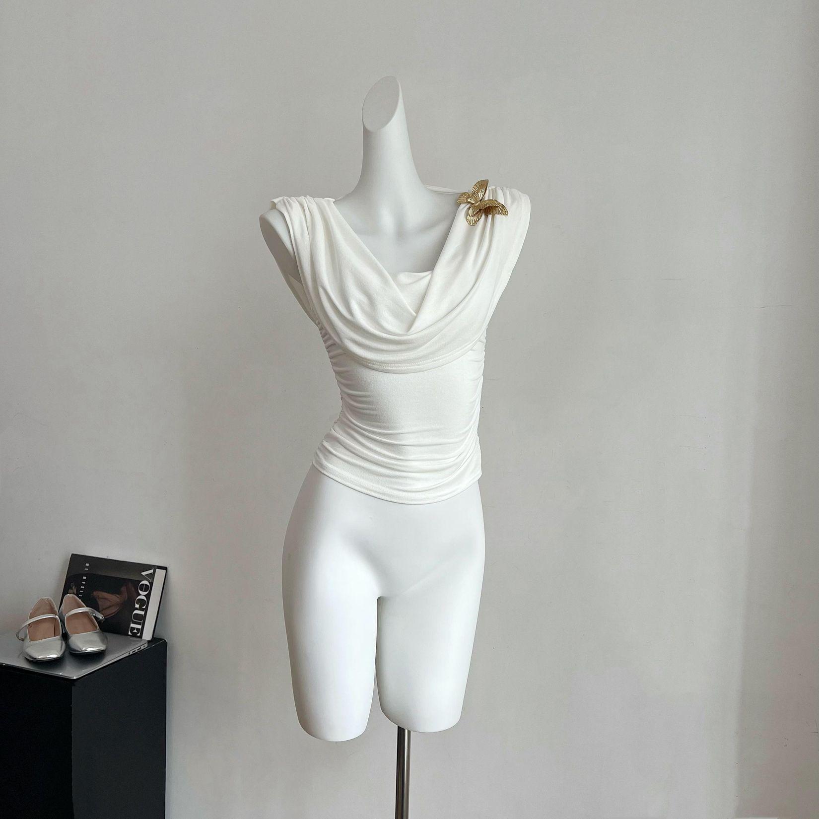 

Элегантный белый топ без рукавов с драпировкой на шее и бабочкой для женщин на лето - Гладкий короткий дизайн с открытой спиной Medium белый