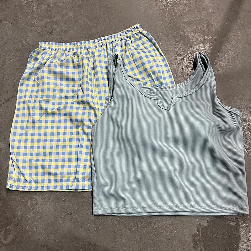 

Пижамный жилет с цветочным принтом и эластичной талией, с подкладкой на груди, пижамные штаны, домашние штаны, летний комплект для женщин L синий