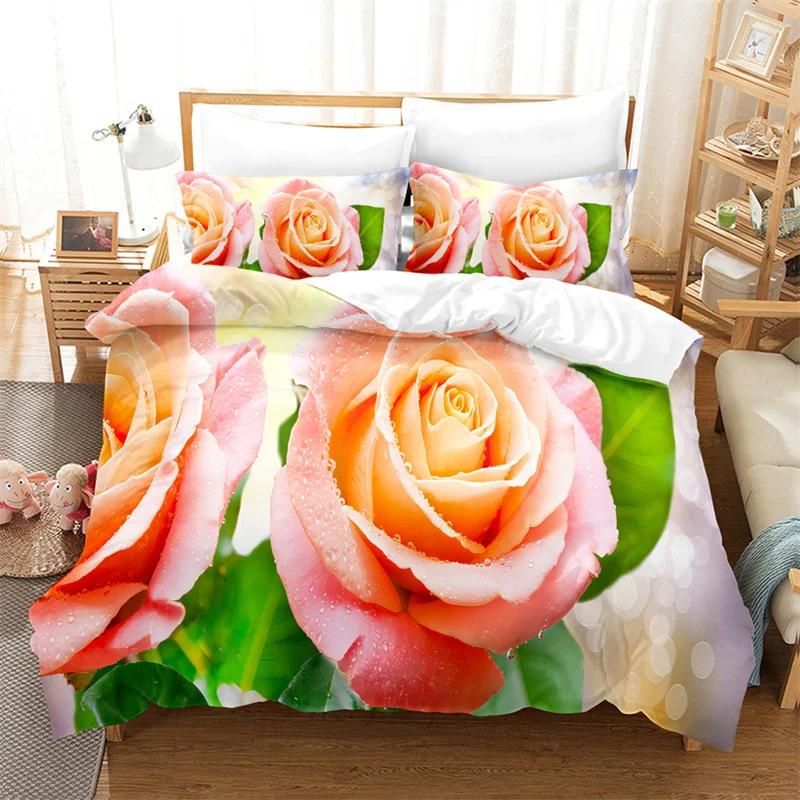 Deluxe Rose Queen Bedding Set Beautiful Flower Duvet Set Romantic Flower Three-Piece Set