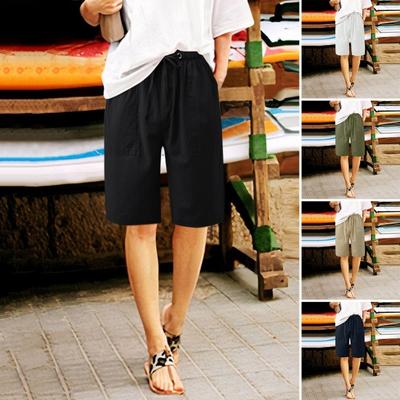 Shorts d'été en coton lin pour femmes, décontractés à jambes larges avec cordon de serrage et poches, bermudas longueur genou pour les vacances à la plage en extérieur