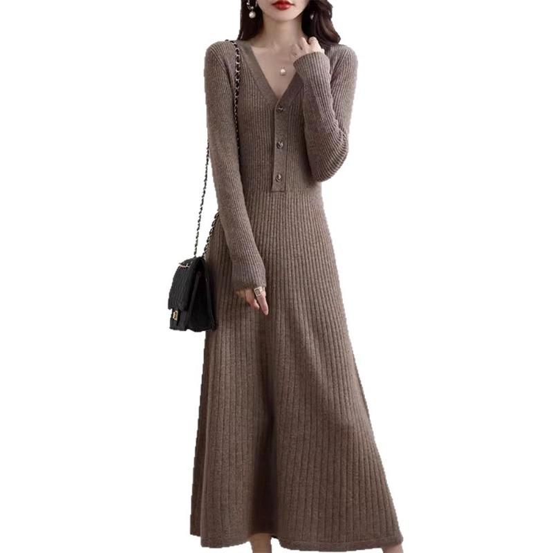 Autumn and winter new solid color thin temperament medium and long sweater skirt women's coat with bottom knitted dress