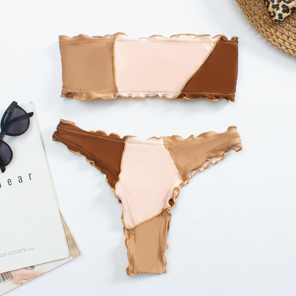 Dam axelbandslös Patchwork Tvådelad Bikini Set Split Triangle Baddräkt Badkläder