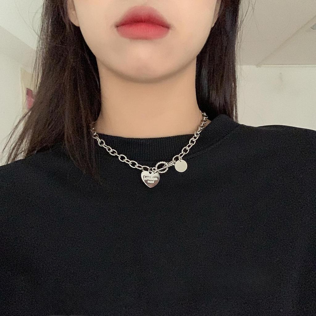 Trendy Titanium Steel Heart Necklace - Short Length Stainless Steel Letter Pendant Fashion Accessory