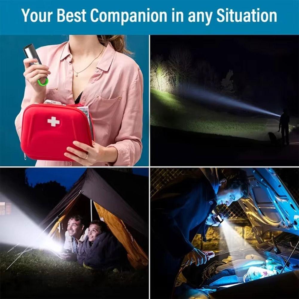 Red Blue Warning Light Zoomable Flashlight Waterproof Portable Hook Rechargeable Flashlight Battery Percentage