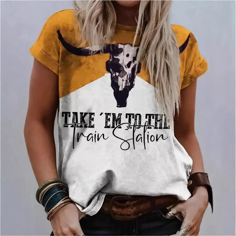 Summer Round Neck 3D Ox Head Print Top Fashionable Casual Short Sleeved Women's T-shirts