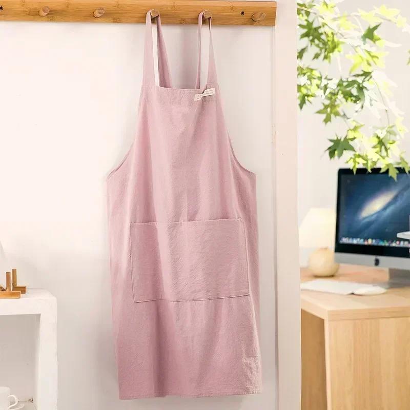 Women Simple Apron Denim Apron Cotton and Linen Solid Color Blouse Kitchen Florist Coffee Shop Apron