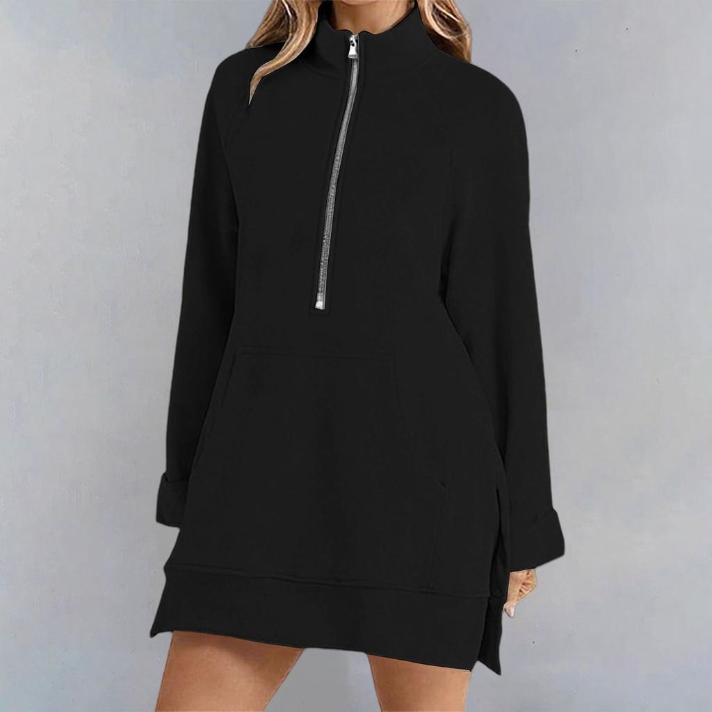 Womens Oversized Mid-length Sweatshirts Zipper Long Sleeve Pullover Outfits With Pocket