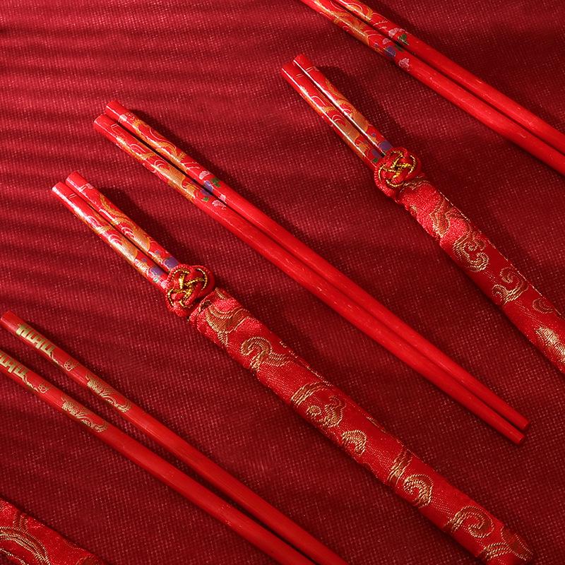 Wedding Dragon & Phoenix Chopsticks with Brocade Sleeve - Lucky Disposable Favor