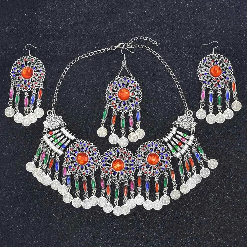 3pcs Indian Afghan Zircon Sets Necklace Earrings Hairbands for Women Boho Ethnic Coins Tassels Colorful Crystal Drop Accessory