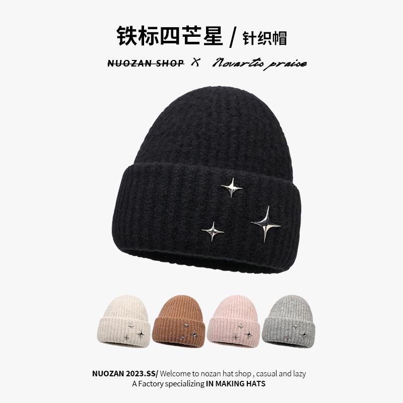 Star-patterned knitted hat for women, winter Japanese-style loose fit for large head circumference, warm and ear-protecting woolen hat, versatile and
