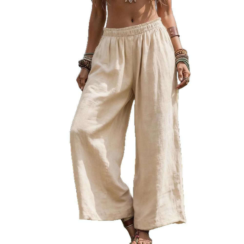 2026 Spring-Summer Women's Solid Color Casual Wide-Leg Pants - Loose, Side Pocket, Elastic Waist, Cotton Linen