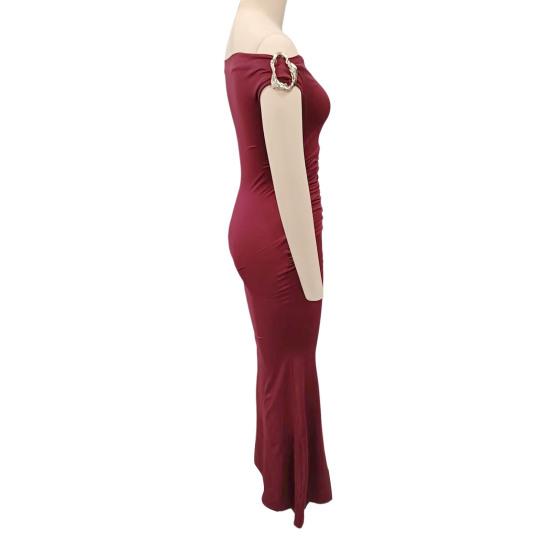 Off The Shoulder Maxi Dress for Women Ruched Fishtail Sexy Bodycon Long Dress with Metal Accent Wedding Guest Party Evening Gown