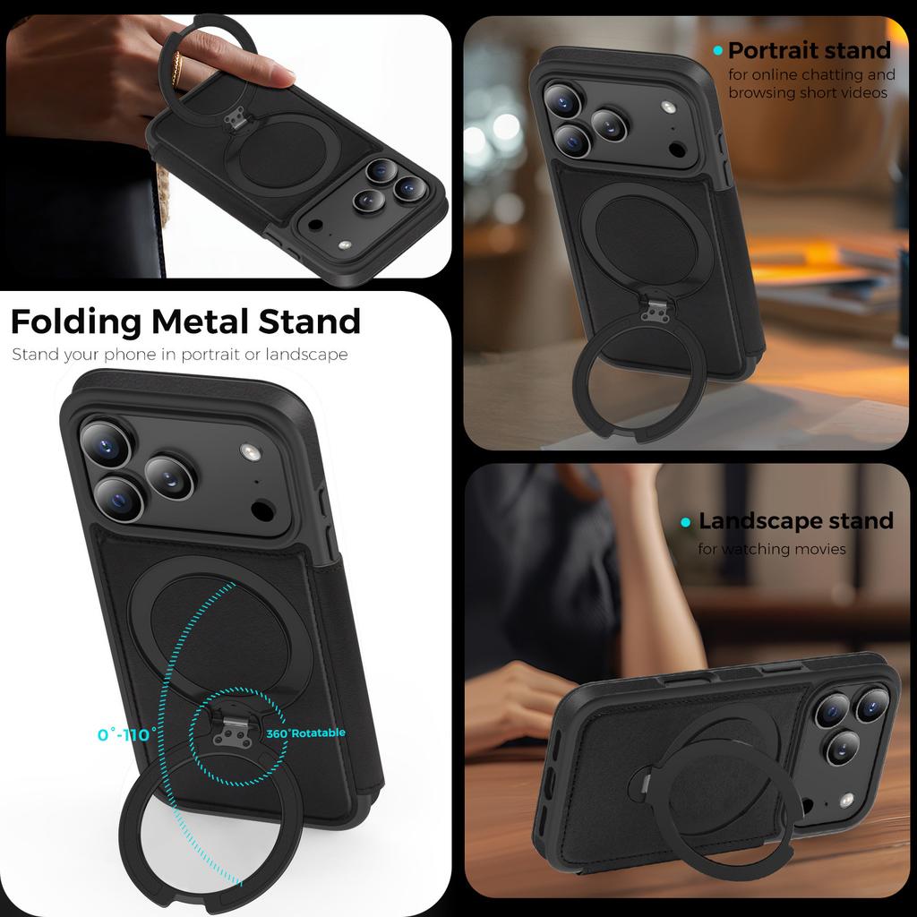 Magnetic Phone Case for iPhone 17 Pro Max Air 17e 16e 16 Plus 15 14 13 12 11 Wireless Charging Card Slot Bracket Leather Cover