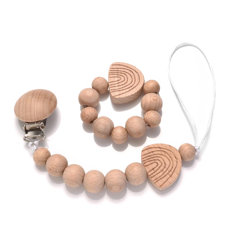 Baby Beech Wood Pacifier Clip Hand Ring Set Wooden Round Bead Soother Nipple Chain For Nursing Toy Infant Teether Teething Chain