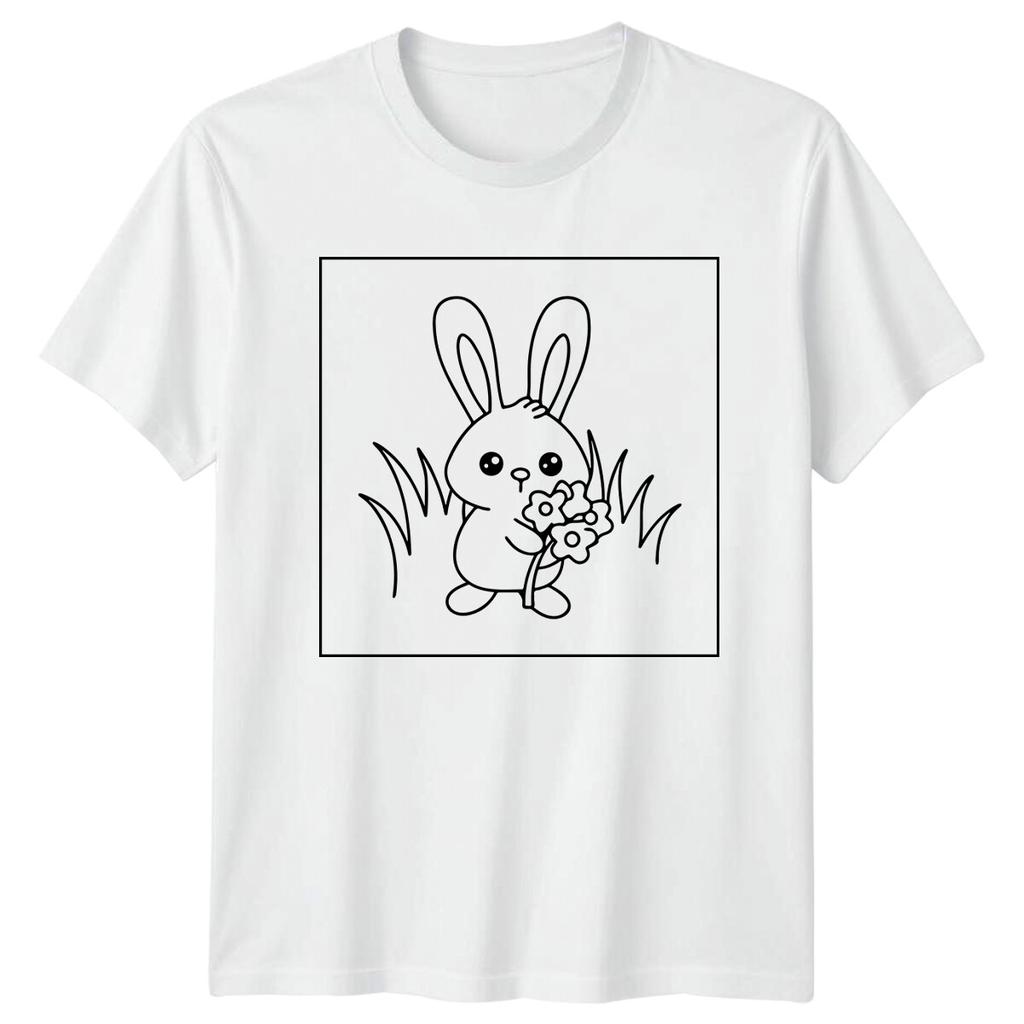 Cute Bunny Rabbit with Flowers Animal Mens T-Shirt Womens Tee Graphic