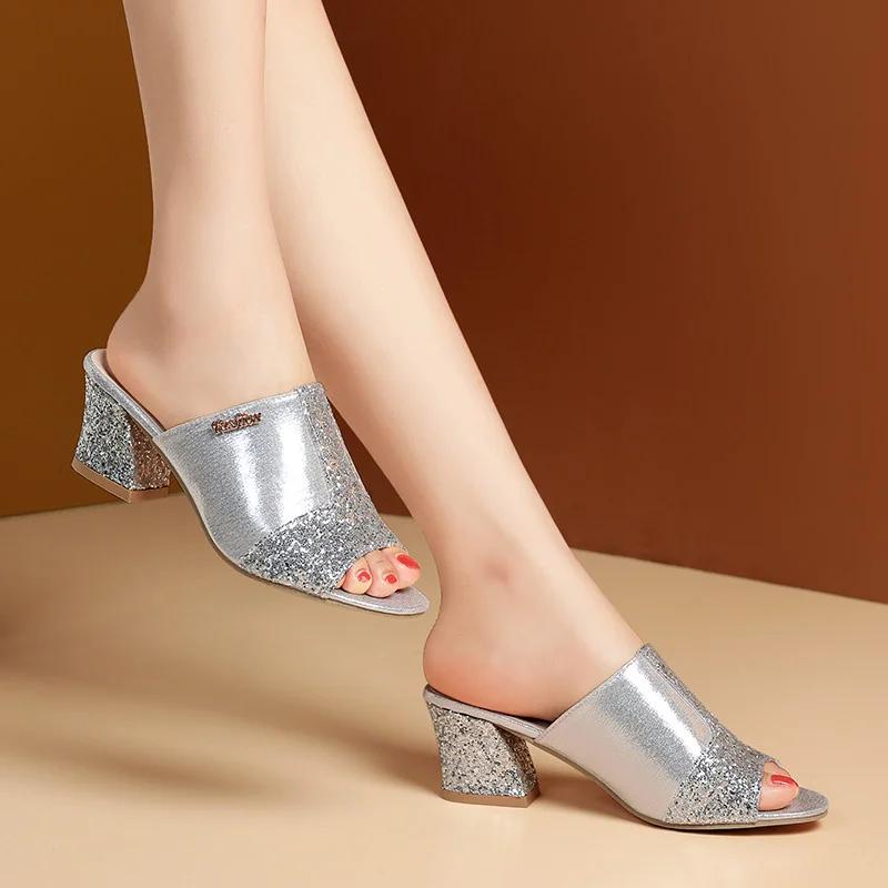 Plus Size 43 Women's Slippers 2024 New Summer Fashion Sequin Cool Slippers Outer Wear Women's Thick Heel Slippers Ladies Sandals