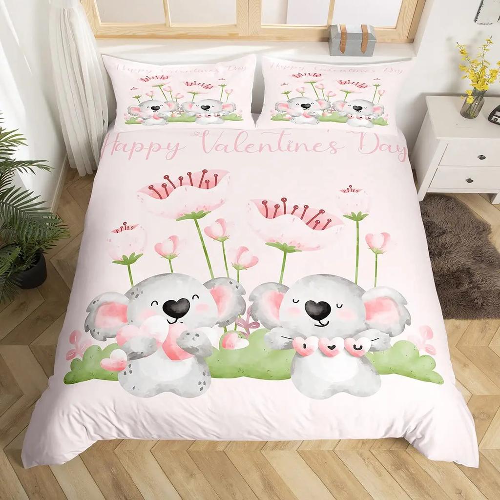 Urocza Poszwa na Kołdrę Koala Rozmiar Twin, Różowy Zestaw Pościeli z Balonem na Gorące Powietrze, Akwarelowy Kwiatowy Zwierzęcy Pokrowiec na Kołdrę, Kreskówkowy Pokrowiec na Kołdrę