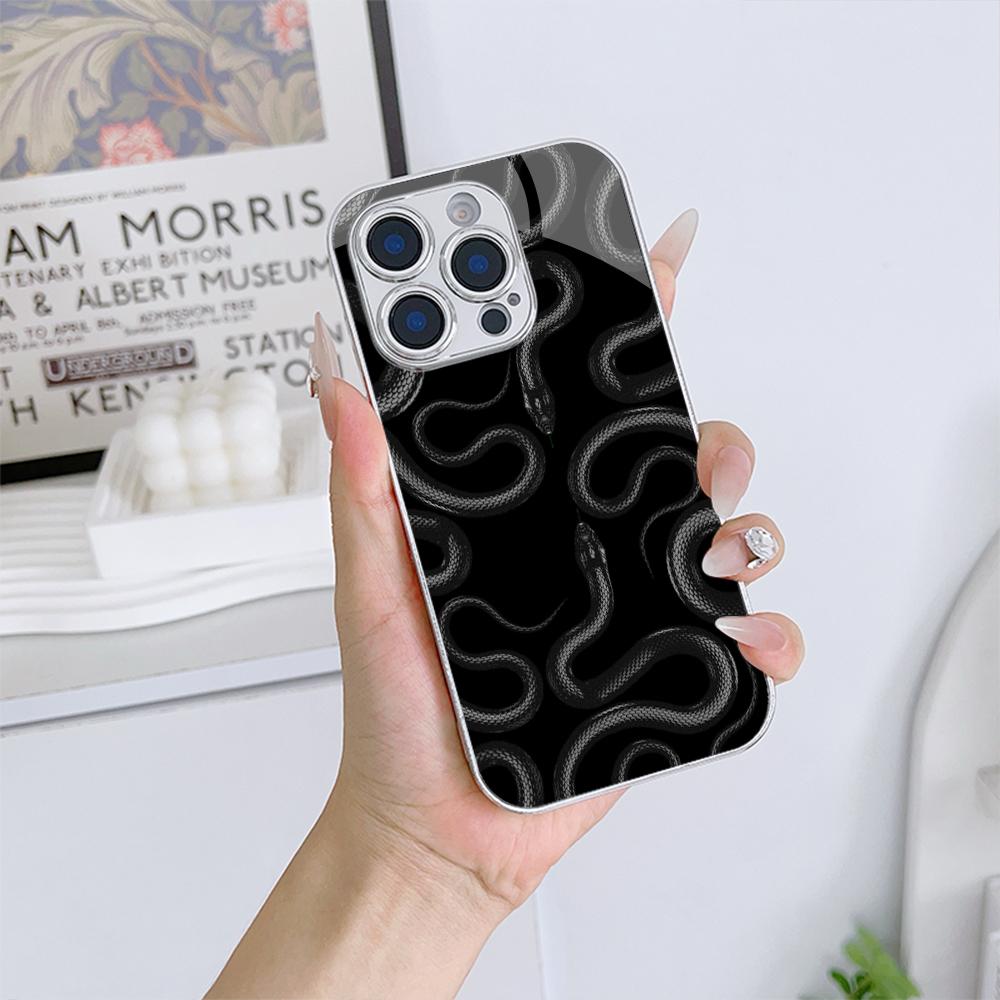 N135 Black Gold Snake Art Phone Case for iPhone 16 15 11 Pro Max Samsung S24 S23 A54 A35 Xiaomi Redmi Note 13 12 Pro Plated Frame Tempered Glass Cover