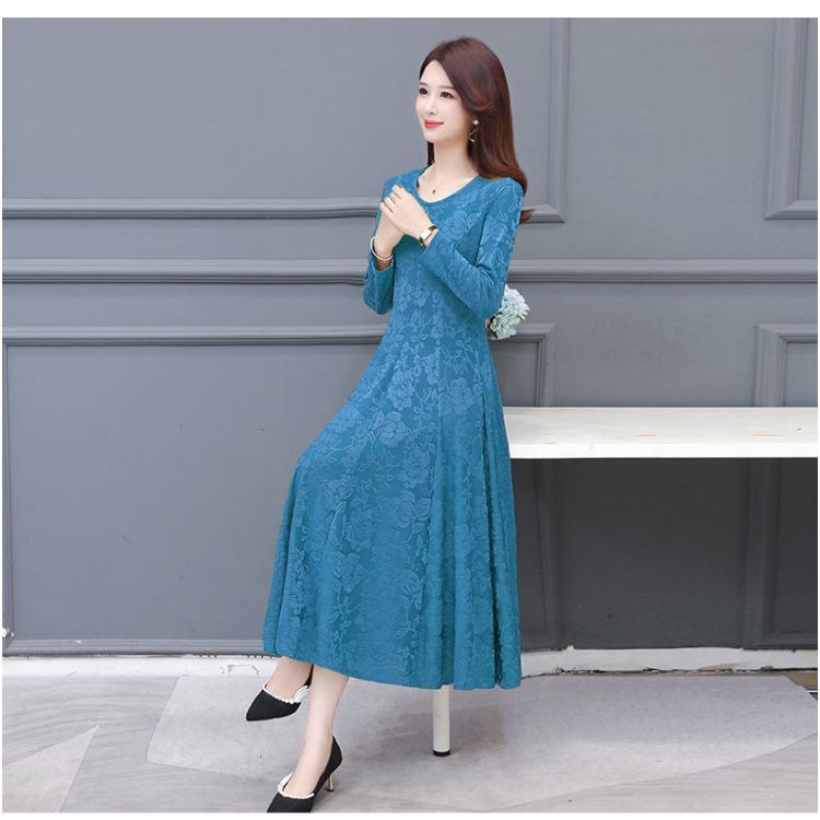 Abito Maxi Lussuoso Jacquard Floreale Girocollo Maniche Lunghe per Madri Elegante Abito da Ballo