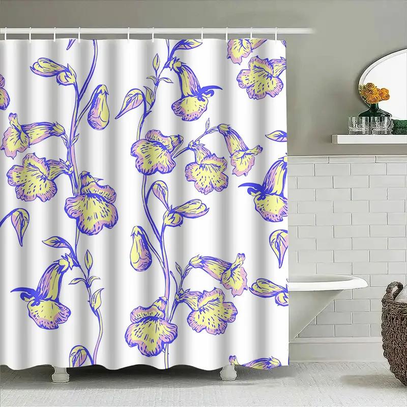 Floral Print Shower Curtain Modern Decorative Bath Mat Liner for Home Decoration Purple Yellow Flowers Design in White Backgro