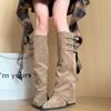 Pointed Inner Heightening Trouser Boots Belt Buckle Long Boots Women's Autumn New Big Good-looking Tall Knight Boots