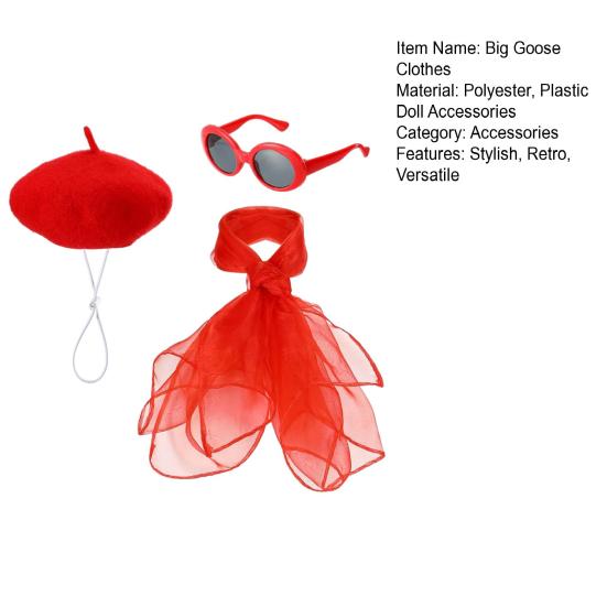Big Goose Clothes Retro Red Sunglasses Mesh Scarf Plush Beret Set for Lawn Geese Up to 23 Inches Cool Fashion Party Decoration Accessories