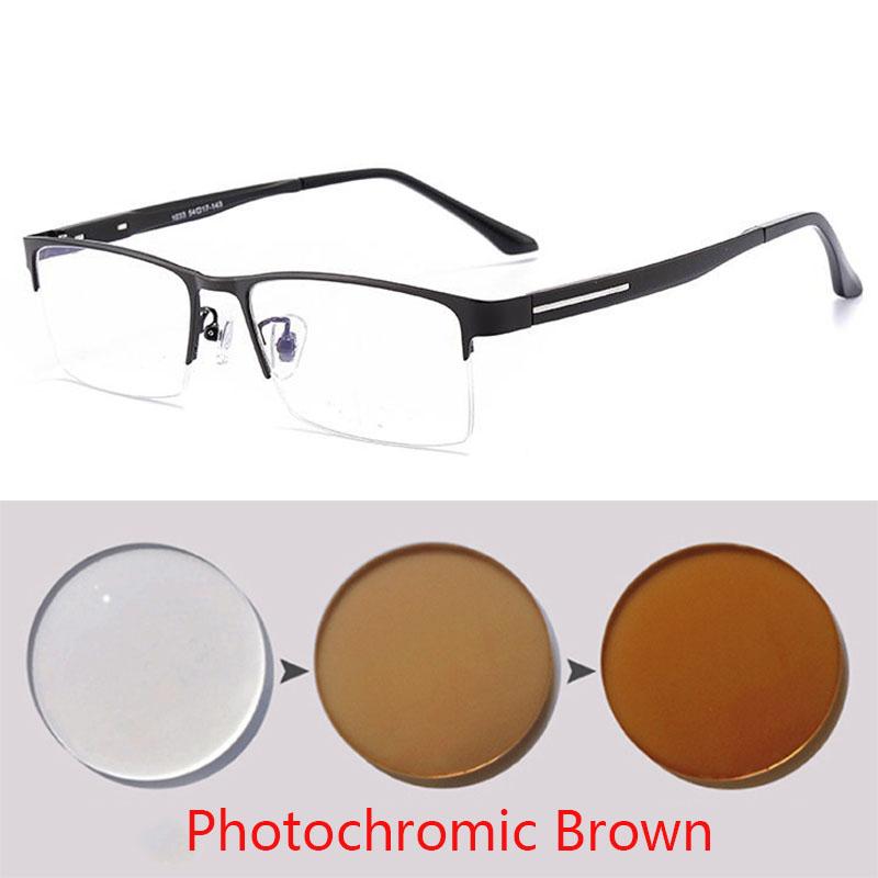 Men's Outdoor Shade Semi-Rimless Photochromic Gray Square Prescription Eyeglasses Metal Shortsight SPH 0 -0.5 -0.75 -1.0 TO -6.0