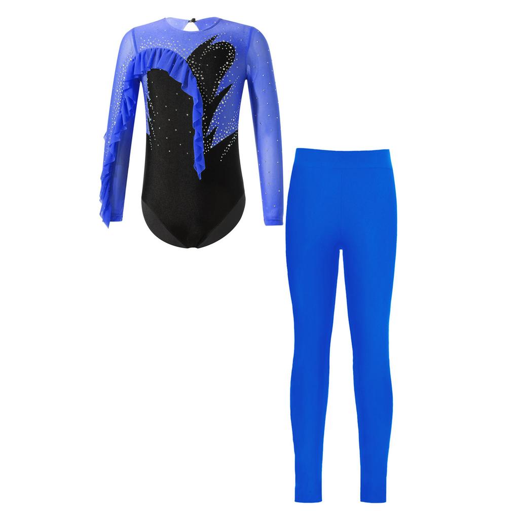 Kinder-Mädchen-Gymnastik-Tanz-Outfit, langärmelig, glänzendes Strass-Dekor, Rüschenbesatz, Trikot mit Leggings