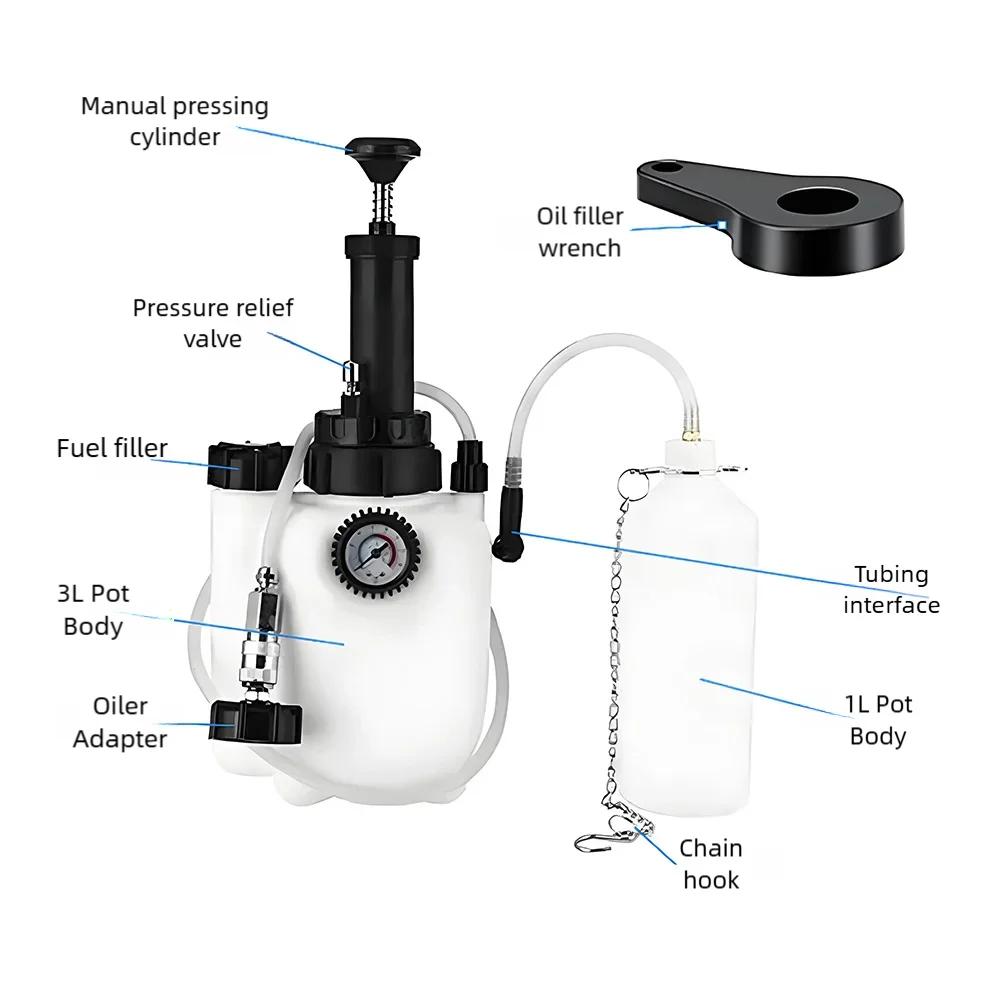 4 Port Manual Brake Fluid Changer with Waste Oil Pot Adapter Wrench 3L Automotive Brake Oil Replacement Tool Pressure Pumping