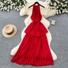Pure Desire Style Red Neck Strap Pleated Dress Women's Summer Waist Thin Cake Skirt Vacation Style Long Dress