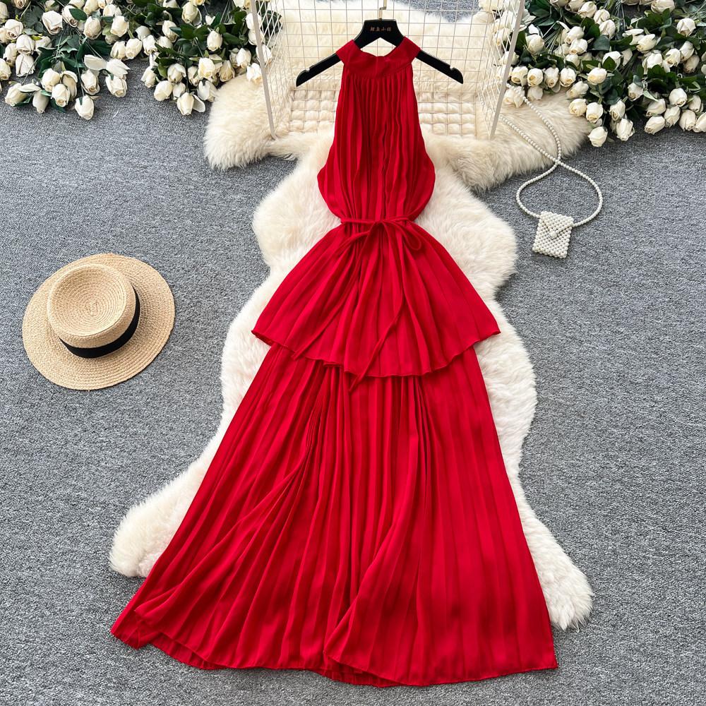 Pure Desire Style Red Neck Strap Pleated Dress Women's Summer Waist Thin Cake Skirt Vacation Style Long Dress
