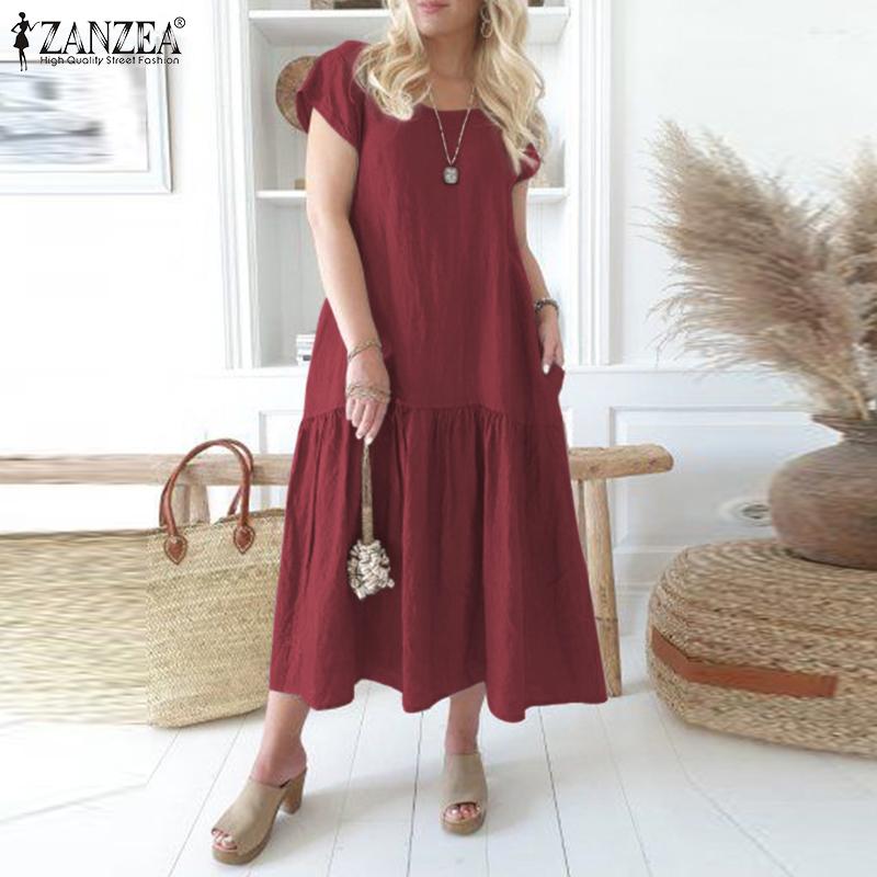 

ZANZEA Женское повседневное летнее хлопковое платье с короткими рукавами и круглым вырезом